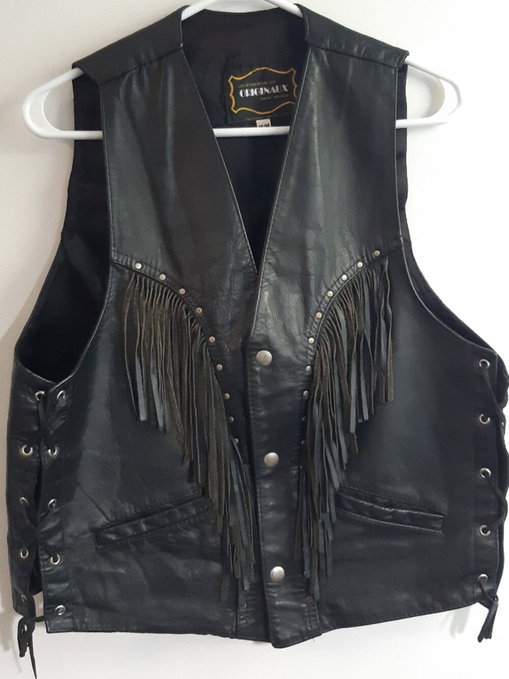 Vintage Genuine Leather Fringe Vest Biker Western Black LaceUp Made In Canada M - Picture 2 of 9